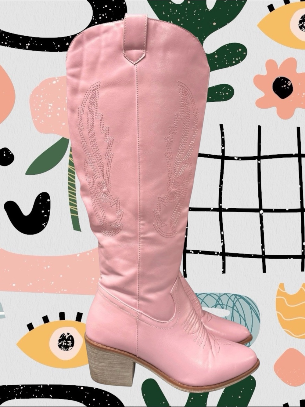 Sophia Taylor | Wide Calf/Wide Width Pink Faux Leather Embroidered Cowboy Boots